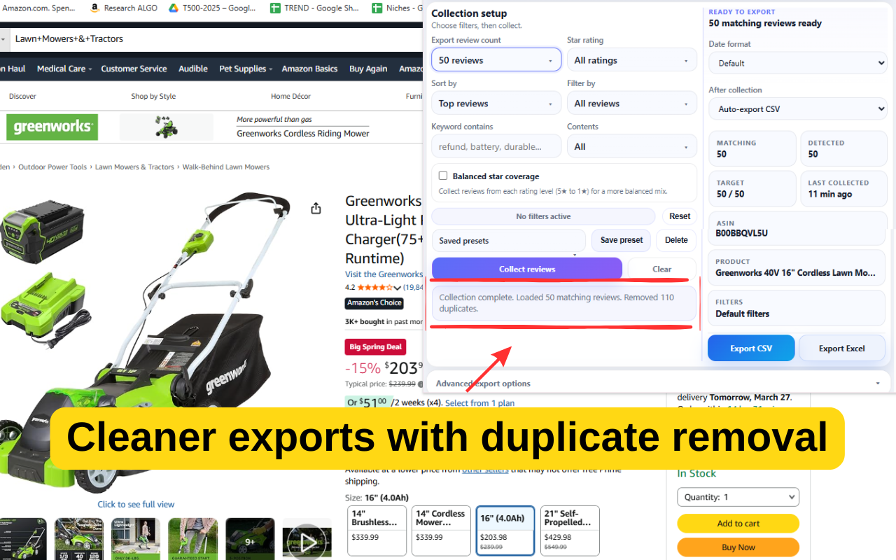 AMZ Review Tool showing duplicate removal and cleaned export results